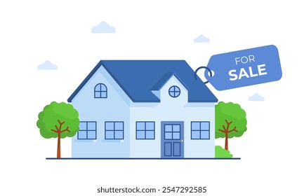 House for sale - A cozy house with a blue roof and green trees, ready for sale. The "For Sale" sign indicates its availability. Perfect for real estate listings and property marketing.