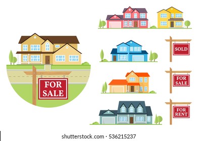 House for sale creation set. Vector flat icon suburban american house and sign for sale, sold, for rent. For web design and application interface, also useful for infographics.