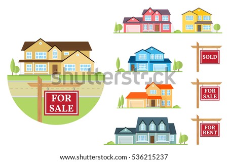 House for sale creation set. Vector flat icon suburban american house and sign for sale, sold, for rent. For web design and application interface, also useful for infographics.