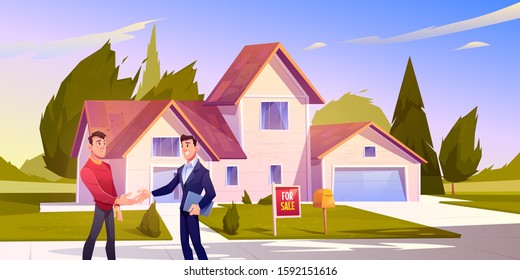 House sale deal. Realtor shaking hand with home owner standing at front yard of residential building, smiling agent conducting real estate transaction. Man sell cottage. Cartoon vector illustration