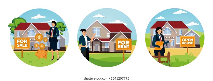 A house for sale with financial elements, including a piggy bank and coins. A real estate agent showing a house for rent with a yard sign. Real Estate Agent stands beside an open house sign in front.