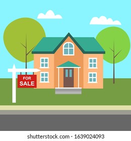 House for sale flat design vector illustration. Real estate home for sale sign with new cozy house.