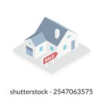 House for sale. Isometric buying a house with a mortgage and paying credit to the bank Invest money in real estate, home loans, rentals and home equity loans on white background. Isometric design. 