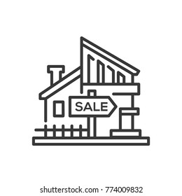 House for sale - line design single isolated icon on white background. High quality black pictogram with a nice building. Use this image for your business