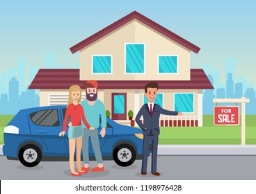 House for Sale. Man Broker and Home Sales. Real Estate Agency Concept. Estate Agent and New House. Property Investment, Buy, Sell, Rent House, Apartment. Vector Flat Illustration.