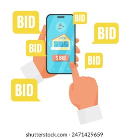 House for sale at online auction, bidding property and real estate purchase in mobile app. Human hands hold phone, touching Buy button with finger on smartphone screen cartoon vector illustration