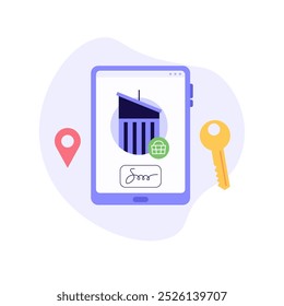 House for Sale. Online Buying Home with Key and Shopping Cart. People Choosing House Online. Concept of Purchase Real Estate, Buy House, Mortage. Vector illustration for Web Design, Landing Page