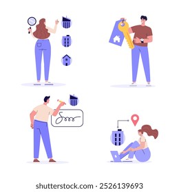 Casa en Venta. Personas Comprando Casa con Llave y Carrito de compras. Personas que eligen la casa en línea. Concepto de compra de bienes raíces, comprar casa, hipoteca. Ilustración vectorial de Diseño web, Landing Page