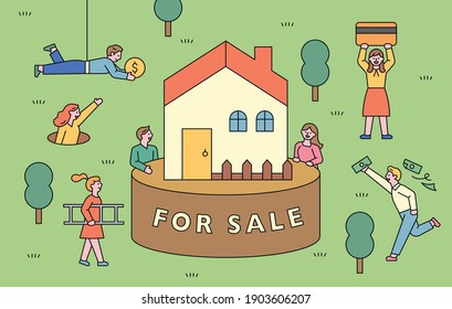 A house for sale. People are gathering to buy the house with money.