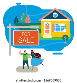 House for sale. The plot is for sale. A loan to buy a house. Pool and trees, a place for barbecue. Offer, advertisement or banner. Isolated vector image flat.