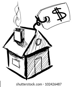 House with sale or price label. Hand drawing cartoon sketch vector illustration