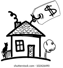 House with sale or price label. Hand drawing cartoon sketch vector illustration