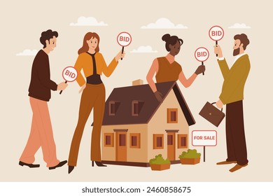 House for sale, property investment and real estate selling at public auction. Competitors hold bid paddles to raise price in bidding competition, people buy tiny building cartoon vector illustration