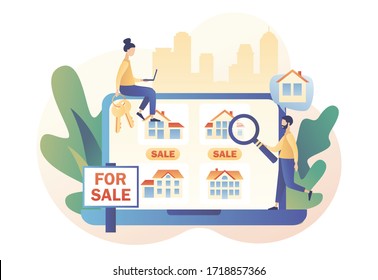 House for sale. Real estate business concept with houses. Tiny real estate agent or broker looking for house in website. Modern flat cartoon style. Vector illustration on white background