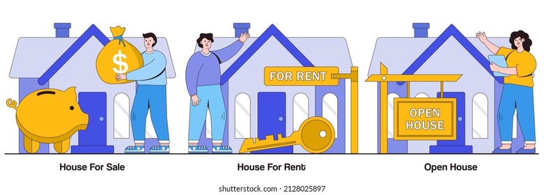 House for sale and for rent, open house concept with people characters. Real estate agent service illustration pack. Best deal, booking, residential and commercial property, mortgage broker metaphor.
