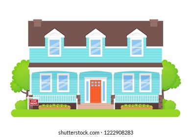 House sale rent sign. Vector. Rent sale white board with home building. Advertising banner retail estate of residential property. Cottage facade, exterior garden yard, flat design Cartoon illustration