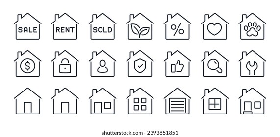 Venta de casas, alquiler, venta, inmueble, refugio, seguro, hipotecas editables iconos de contorno de apoplejía conjunto aislado en fondo blanco de ilustración plana vectorial. Pixel perfecto. 64 x 64.