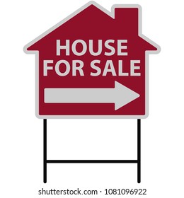 House For Sale Sign Illustration - Red and white sign shaped like a house with white arrow pointing right and house for sale text