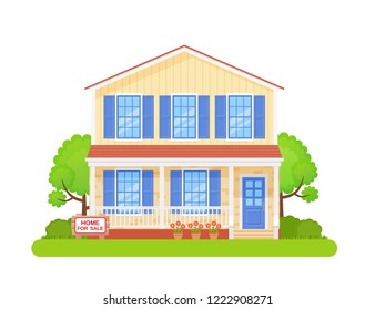 House sale sign. Vector. Home building exterior with sale wooden board. Advertising banner retail estate of residential property. Cottage facade, garden yard in flat design Cartoon illustration.