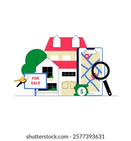 House For Sale With Smartphone Navigation And Real Estate Elements In Flat Vector Illustration Symbolizing Property Listing, Home Buying, And Online Map Search, Isolated On White Background