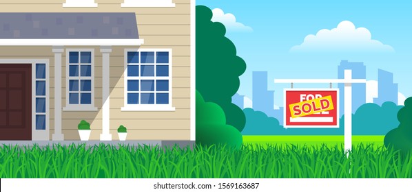 House For Sale Sold Sign On Lawn Grass  Real Estate Investment Concept