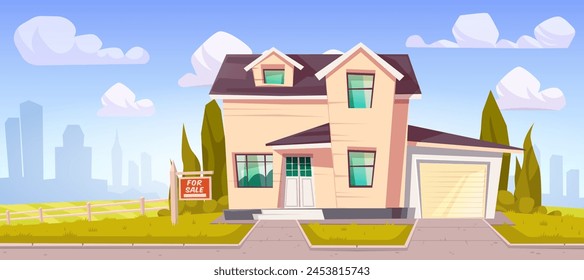 House for sale in suburban town. Vector cartoon illustration of family home building with garage, green backyard with lawn and trees, realtor agency banner, big city silhouettes on horizon, blue sky