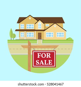 House for sale. Vector flat icon suburban american house. For web design and application interface, also useful for infographics. Family house icon isolated on white background. Real estate.