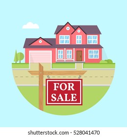 House for sale. Vector flat icon suburban american house. For web design and application interface, also useful for infographics. Family house icon isolated on white background. Real estate.