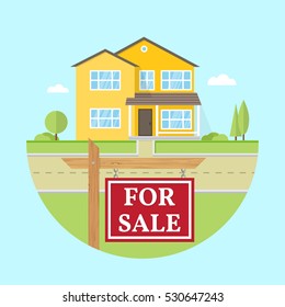 House for sale. Vector flat icon suburban american house. For web design and application interface, also useful for infographics. Family house icon isolated on white background. Real estate. For sale.