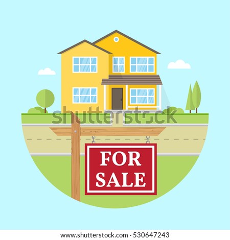 House for sale. Vector flat icon suburban american house. For web design and application interface, also useful for infographics. Family house icon isolated on white background. Real estate. For sale.