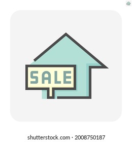 House for sale vector icon. That foreclose real estate or property consist of home or house building and forsale sign. Also for development, owned, rent, buy, purchase or investment. 48x48 pixel.
