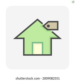 House for sale vector icon. That foreclose real estate or property consist of home or house building and price tag. Also for development, owned, rent, buy, purchase or investment. 64x64 pixel.