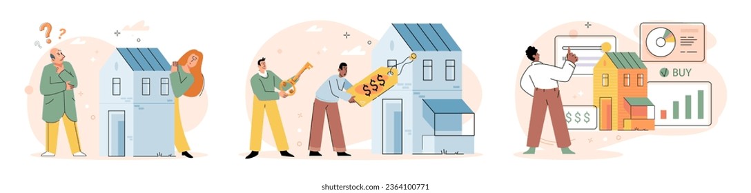 House for sale. Vector illustration People looking for home sought advice from friends, family, and professionals Buying new home involved coordinating moving logistics and transferring utilities