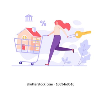 House for Sale. Woman Buying Home with Key and Shopping Cart. People Choosing House Online. Concept of Purchase Real Estate, Buy House, Mortage. Vector illustration for Web Design, Landing Page