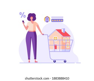 Casa en venta. Mujer comprando casa con llave y carrito de compras. Gente Escogiendo Casa En Línea. Concepto de Compra de Bienes Inmuebles, Comprar Casa, Hipoteca. Ilustración vectorial para Diseño Web, Página de inicio