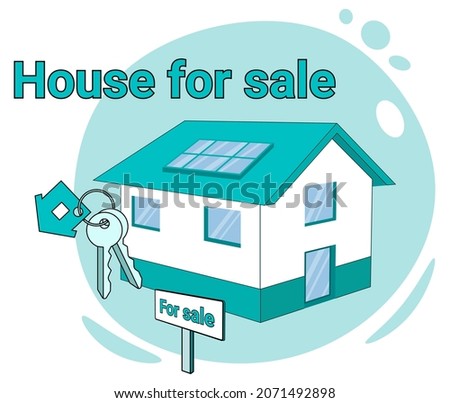 House for sale.A house on the background of a poster for sale.The concept of a secure purchase and sale transaction.Flat vector illustration in green.