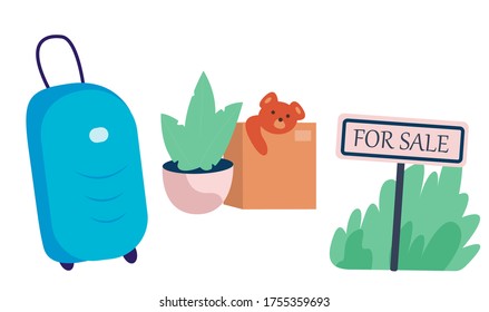 House For Sale,Moving Things,Box and Travel Bag.
Box, Toys, Travel bag and Potted flower. Moving New Home. House For Sale. Flat Vector Illustration