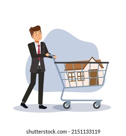 House for Sale,Purchase Real Estate,Buy House concept. man Buying house in Shopping Cart.Flat vector cartoon character illustration