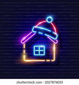 Casa en Santa Claus que el cartel de Neon. Icono de brillo de alquiler de vacaciones. Concepto de Año Nuevo y Navidad. Ilustración vectorial para el diseño.