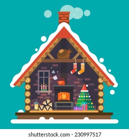 House of Santa Claus. Interior of the house with a fireplace, Christmas tree, gifts, decorations. Vector flat illustration