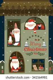 House of Santa Clauses. Vector greeting card