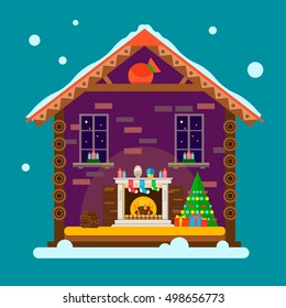house of Santa interior and cristmass decoration, xmas fireplace, gifts