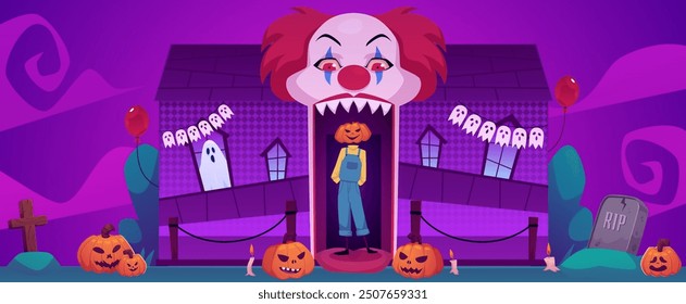 House with a scary evil clown with red hair and fangs at the entrance. Pumpkin man. Ghosts. Cemetery with a wooden cross, a stone tombstone. Horizontal banner. Vector illustration.