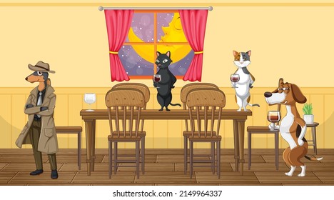 In house scene with dogs drinking wine illustration