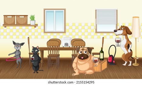 Escena en casa con perros bebiendo ilustración de vino