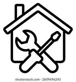 House, screwdriver and wrench line icon, housework concept. Vector graphics. Cottage building with repair tools sign on white background, style mobile or design