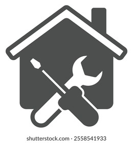 House, screwdriver and wrench solid icon, housework concept. Vector graphics. Cottage building with repair tools sign on white background, glyph style icon for mobile or web design