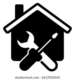 House, screwdriver and wrench solid icon, housework concept. Vector graphics. Cottage building with repair tools sign on white background, glyph style mobile or design