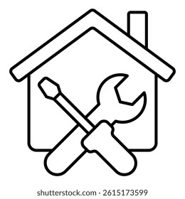 House, screwdriver and wrench thin line icon, housework concept. Vector graphics. Cottage building with repair tools sign on white background, style mobile or design