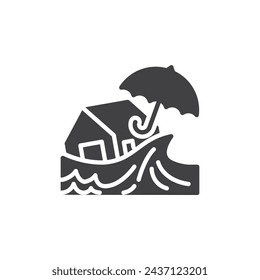 House with sea waves and umbrella vector icon. filled flat sign for mobile concept and web design. Flood Insurance glyph icon. Symbol, logo illustration. Vector graphics